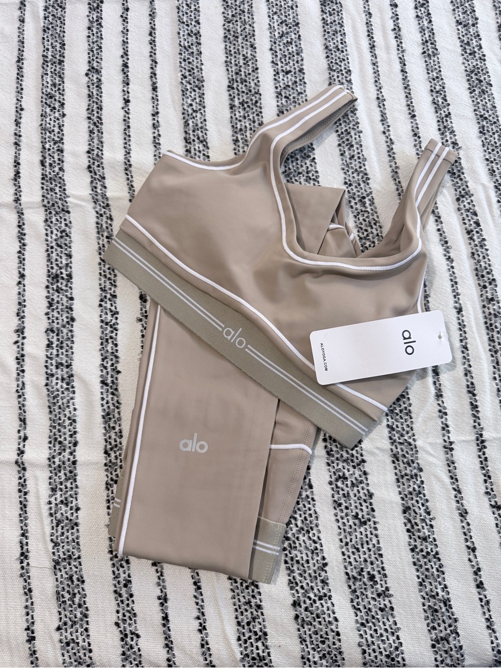 ALO Yoga Taupe Sports Bra with White Trim